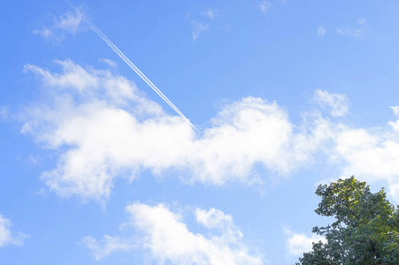 明亮的线索 , 一个飞行的飞机对蓝天和白色的