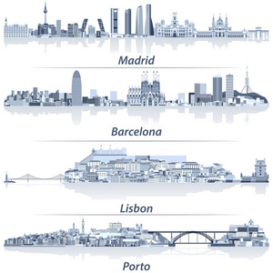 抽象矢量插图马德里, 巴塞罗那, 里斯本和波尔图城市天际线在浅蓝色调色板与水反射