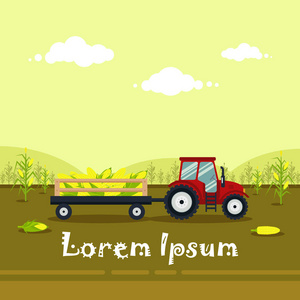 平的红色拖拉机与推车玉米。农业机械运输为农场以收获向量例证。农业景观