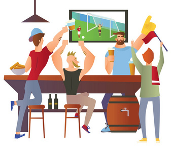 啤酒酒吧餐厅。足球迷们在酒吧里为球队欢呼。足球比赛, 酒吧与酒保, 酒精饮料。白色背景上的平面矢量插图。卡通人物形象