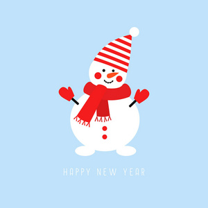 蓝色背景下的可爱雪人新年贺卡