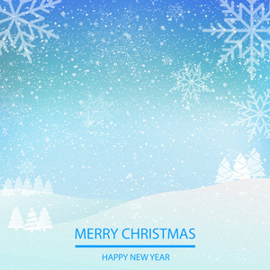 在蓝色的背景下, 飘落着闪亮的雪花或雪花, 圣诞快乐, 新年愉快。矢量