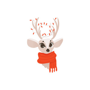 矢量扁平圣诞驯鹿红围巾头