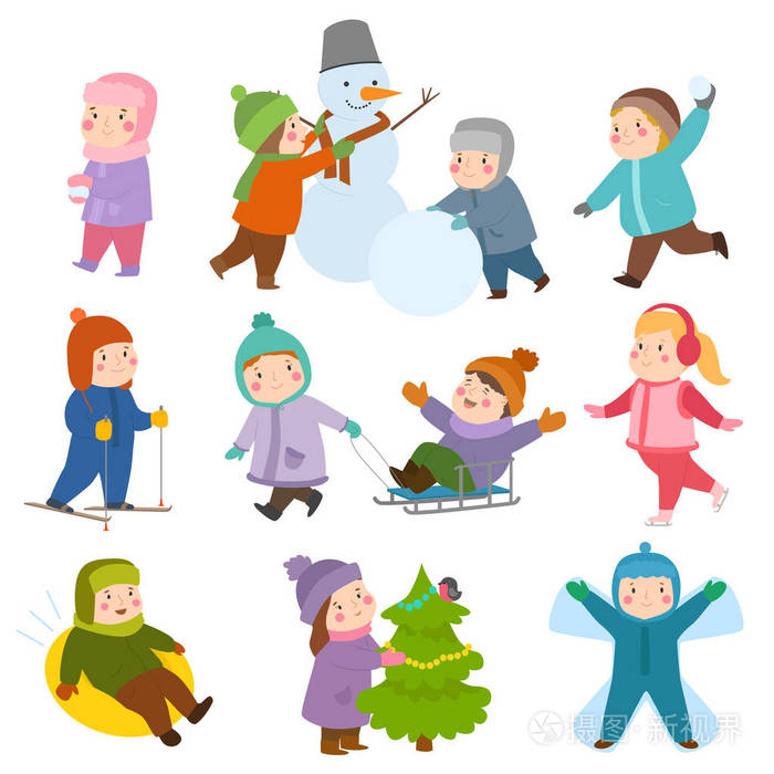 儿童冬季圣诞游戏游乐场孩子们玩体育游戏的种类雪球 滑冰 幼儿假期