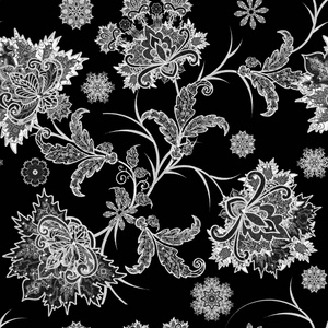 无缝图案。 灿烂的花边风格的花。 开放式编织精致的佩斯利。 单色巫术开卷。