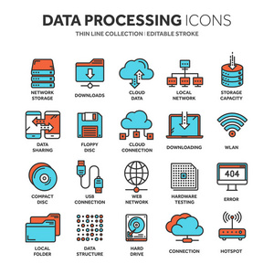 Omputing 云。互联网技术。在线服务。数据处理 信息安全。连接。细线 web 图标集。大纲图标集合。矢量图