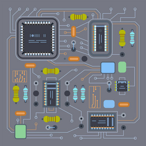 计算机集成电路芯片模板芯片在详细印制电路板设计抽象背景矢量图