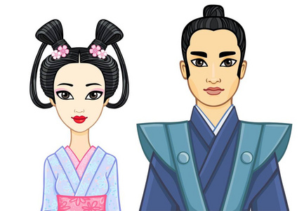 日本家庭在古代 clotes 的动画画像。艺伎, 舞, 武士在白色背景上隔离的矢量插图