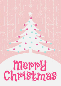 圣诞节贺卡与圣诞树可爱的平面色彩风格在粉红色的节日背景