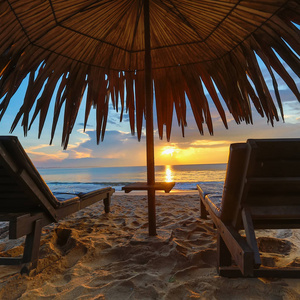 太阳伞在海滩, 日出
