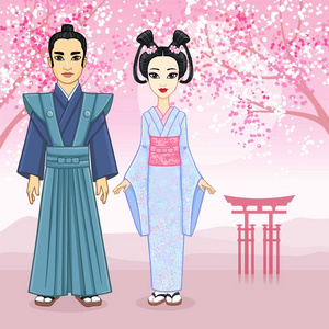 日本家庭在古代 clotes 的动画画像。艺伎, 舞, 武士充分增长。一个背景一座山的风景, 樱花盛开的东方, 神圣的大门。
