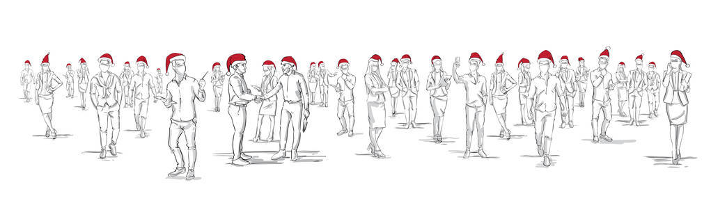 节日横幅与剪影小组人在圣诞老人帽子圣诞节或新年庆祝概念
