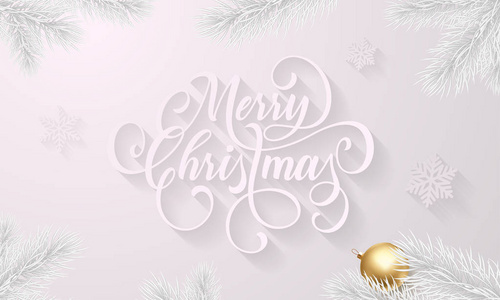 快乐圣诞金色装饰球上洁白的雪花模式和冷杉木板或松木圣诞树分支机构背景。矢量新年希望书法文本为冬天的节日保费设计模板