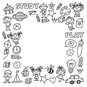 幼儿园幼儿学校教育与儿童涂鸦模式孩子们玩耍和学习男孩和女孩绘制图标空间, 探险, 探索, 想象力的概念