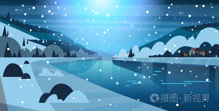 冬夜自然景观房屋在结冰的河山和下落的雪插画-正版商用图片102sd1-摄