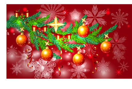 一个红色的圣诞背景与雪花, 针叶树枝, 装饰球, 星星, 丝带。快乐的圣诞节和新年的题词