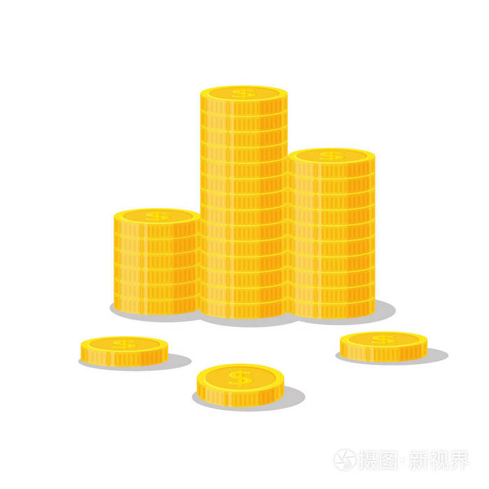 金黄金钱站立堆积 金子片断被隔绝在白色背景-平的样式插画-正版商用
