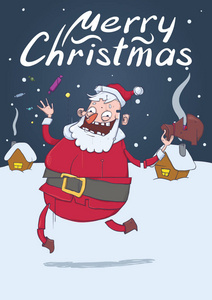 圣诞贺卡和滑稽的圣诞老人。圣诞老人带来礼物并且投掷糖果在空气。下雪的夜晚, 节日的房子。垂直矢量图示。卡通人物与刻字。复制空间