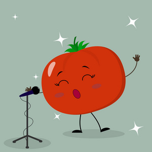 逗人喜爱的蕃茄笑脸在卡通样式唱歌入话筒