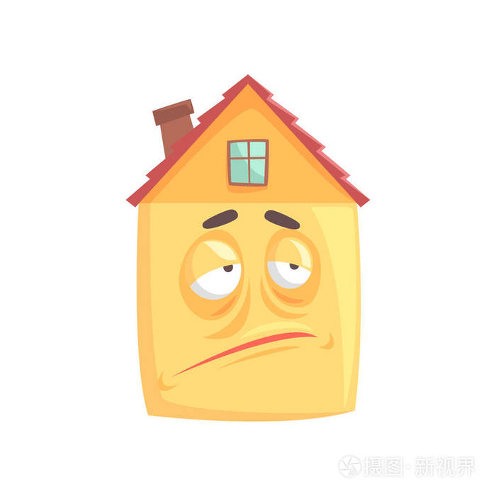 可爱的房子卡通人物在其脸上的怀疑表情, 滑稽表情矢量插图