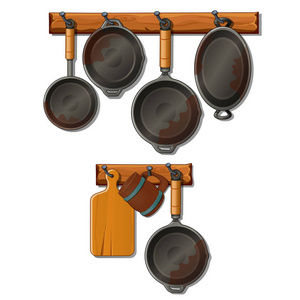 套盆, 平底锅, 砧板和马克杯。厨房用具挂在钩子上。家庭炊具的集合。白色背景下卡通风格的矢量插图