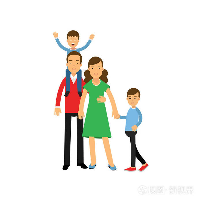 年轻的父母站在他们的两个儿子, 幸福的家庭概念矢量插图