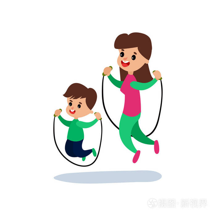妈妈和儿子跳跳绳一起, 体育家庭和体育活动与儿童矢量插图