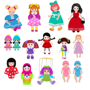 矢量娃娃玩具可爱的女孩女性设置插画童年婴儿礼服脸孩子美丽的娃娃屋孩子婴儿 toyhouse 卡通娃娃屋隔离在白色背景