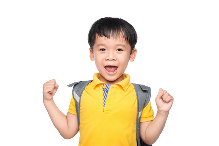 年轻的亚洲男孩微笑手势双手准备上学