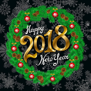 新年快乐2018黄金复古黑色雪花背景与版式白色卡片与圣诞花圈。矢量插图