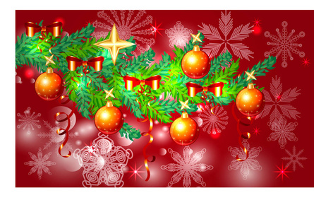 一个红色的圣诞背景与雪花, 针叶树枝, 装饰球, 星星, 丝带。快乐的圣诞节和新年的题词