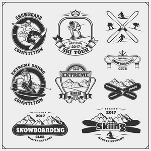 一套冬季运动标志, 标签, 徽章和设计元素。滑雪板, 极限滑雪, 下坡