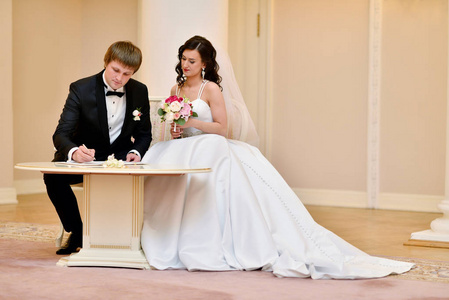 美丽的新娘和英俊的新郎正在登记结婚