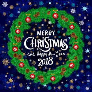 圣诞快乐, 新年愉快2018年的背景与版式白色贺卡与圣诞花圈。矢量插图