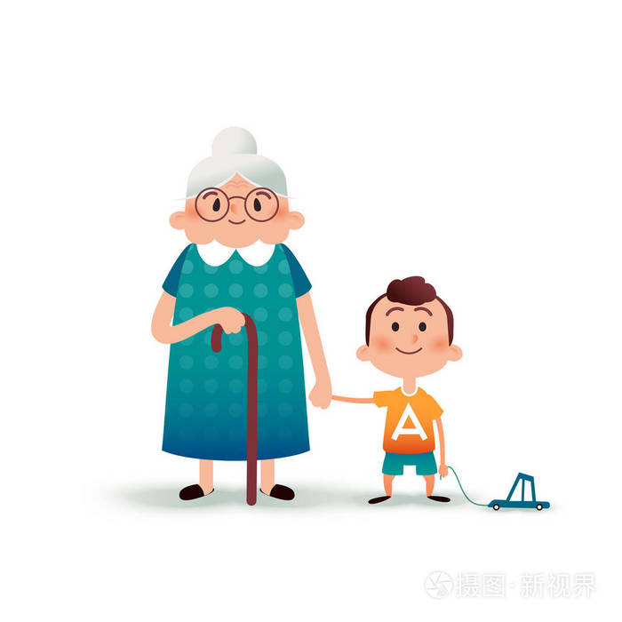 祖母和孙子牵着手.小男孩带着玩具车和老太太卡通矢量