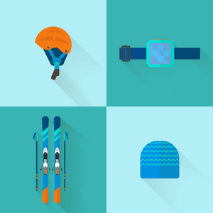 4个冬季运动图标收藏。 滑雪和滑板滑雪设备的平面设计。 滑雪胜地图片山活动矢量插图元素。