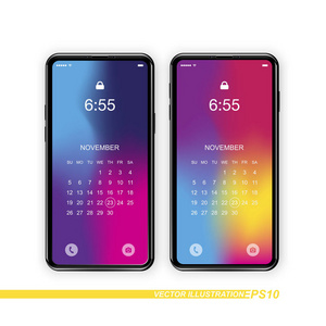 模板现实的智能手机与梯度和屏幕锁定白色背景。带有渐变背景的 web 图标和日历集的电话