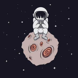 太空人坐在月球上看手机。打印矢量