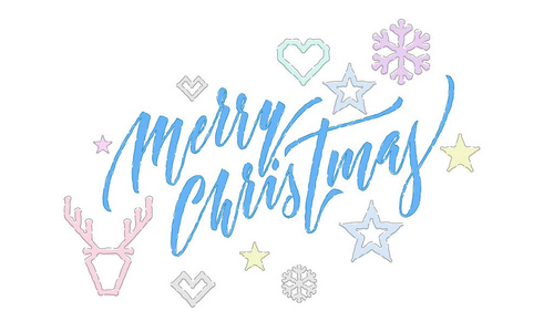 圣诞快乐针织书法字体和装饰品为节日贺卡设计。矢量圣诞鹿, 雪花和星星装饰刺绣图案在新年白色背景