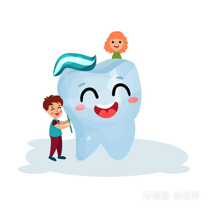 可爱的孩子们用牙刷,牙膏,牙科保健和健康卡通矢量插图清洁巨大的微笑