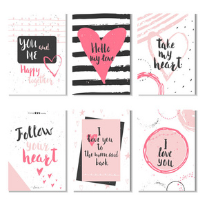 一套6张情人节礼品卡，带心和刻字。 书法手绘设计元素印刷海报邀请。