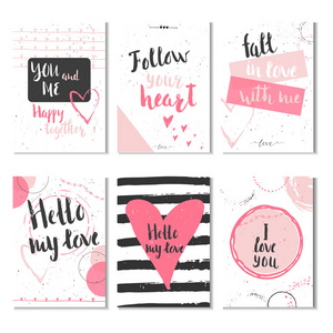 一套6张情人节礼品卡，带心和刻字。 书法手绘设计元素印刷海报邀请。