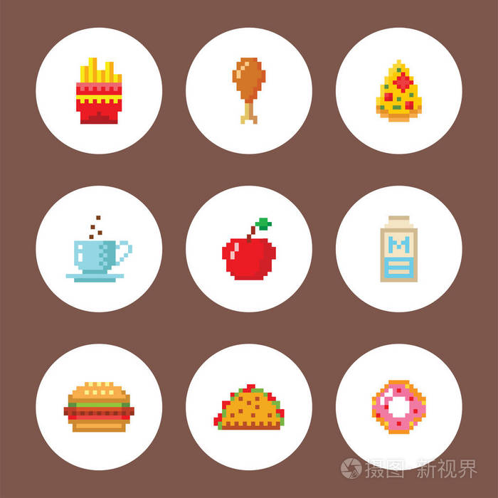 插画 像素艺术食品电脑设计图标矢量插图餐厅像素元素快餐复古游戏