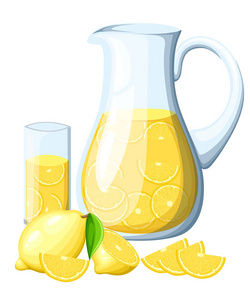 玻璃杯里的柠檬水。 柠檬，全叶和柠檬片。 装饰海报徽天然产品农贸市场。 孤立在白色背景上。 网页及移动应用