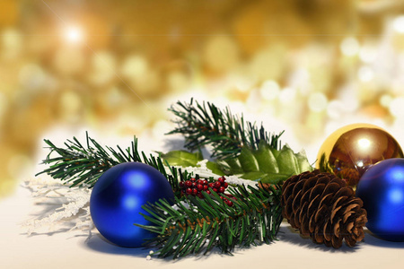 圣诞球和冷杉树枝上的装饰抽象的背景模糊的火花发光。 新年快乐，圣诞主题
