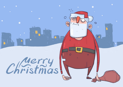 圣诞贺卡的滑稽醉圣诞老人与一个袋子在晚上白雪皑皑的城市背景。快乐的圣诞老人被浪费了。水平矢量插图。卡通人物。带有复制空间的字体