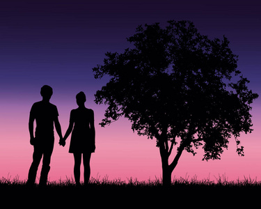 一个爱的男人和女人的剪影, 在一个浪漫的漫步, 在一个蓝色的天空下与黎明向量的树木景观的真实写照