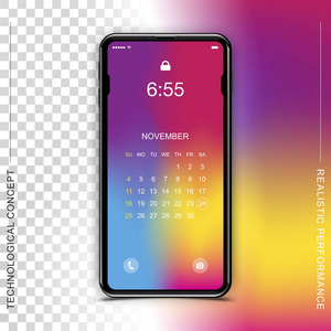 模板现实的黑色智能手机与屏幕锁定的颜色和透明的背景。带有 web 图标和日历集的电话