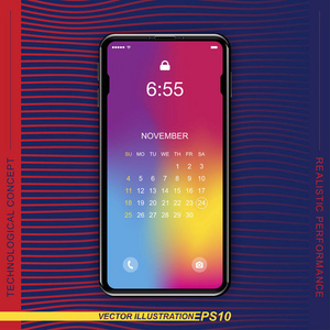 模板现实的黑色智能手机与屏幕锁定的颜色背景