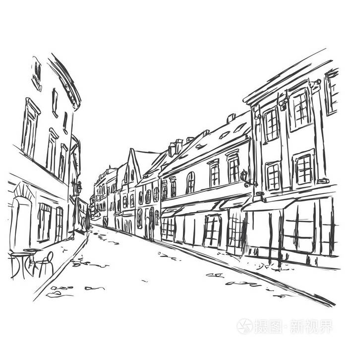 插画 旧城街道手绘线条素描风格. 古老的城市景观. 矢量图.eps